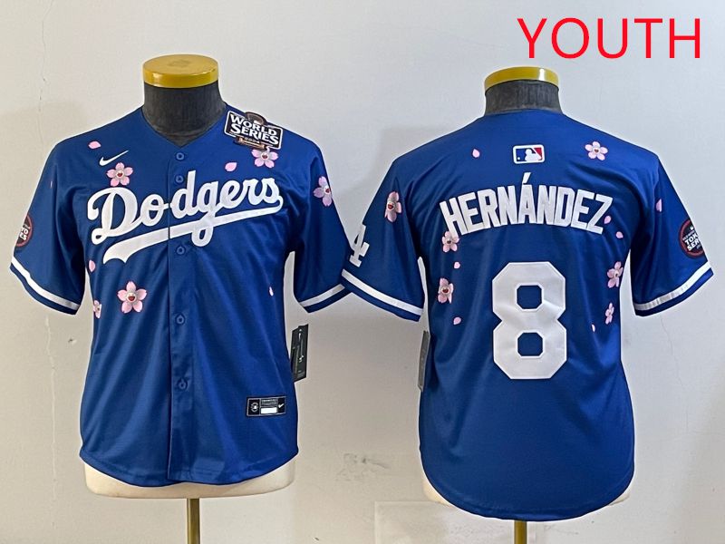 Youth Los Angeles Dodgers #8 Hernandez Blue Sakura Edition 2025 Nike MLB Jersey style 3->youth mlb jersey->Youth Jersey